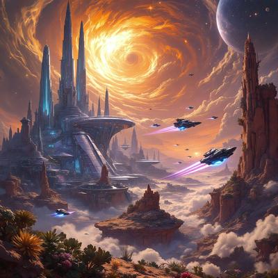 Primary subject: Futuristic city with flying spaceships
Setting/background: A planet with a large city and a mountain range
Visual style: Digital art
Colors and mood: The image is colorful and has a vibrant, futuristic atmosphere.